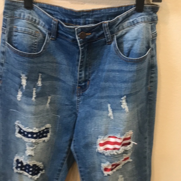 US Flag Stars and Stripes Distressed Patchwork 5 Pocket Straight Leg Jeans-L - Picture 2 of 10